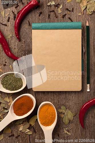 Image of peppers, spices in spoons, notebook and pencil