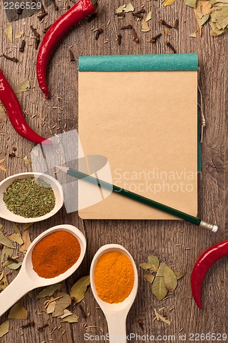 Image of peppers, spices in spoons, notebook and pencil