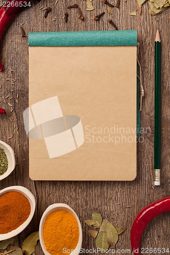 Image of peppers, spices in spoons, notebook and pencil
