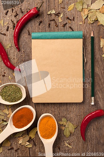 Image of peppers, spices in spoons, notebook and pencil