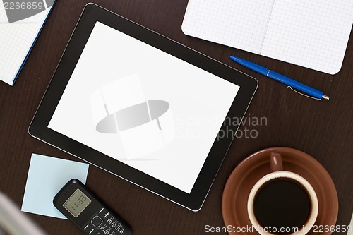 Image of Workplace with blank digital tablet