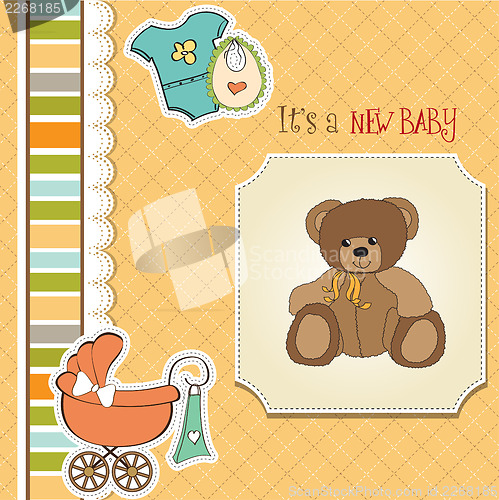 Image of baby shower card with teddy bear toy