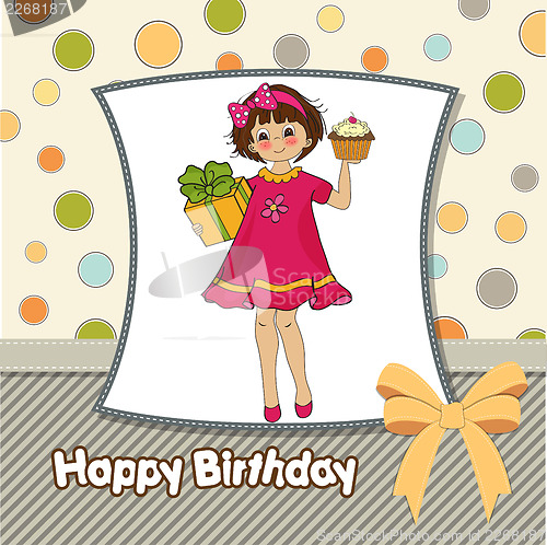 Image of birthday greeting card with girl and big cupcake