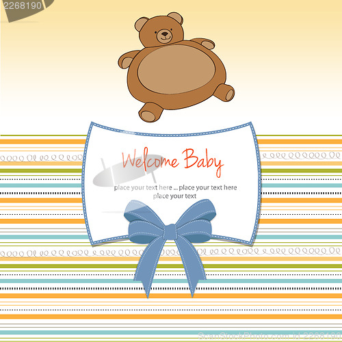 Image of baby shower card with teddy bear toy