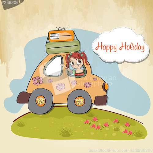 Image of happy woman going on holiday by car