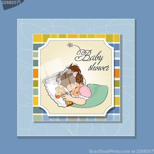 Image of baby shower card with little girl and her toy