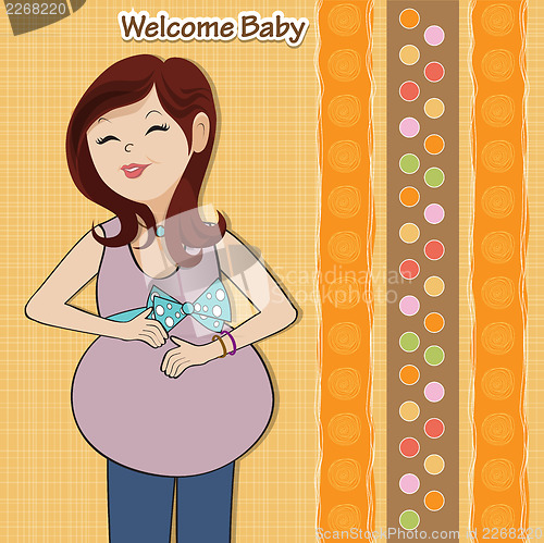 Image of happy pregnant woman, baby shower card