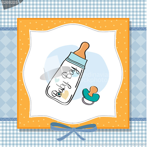 Image of baby announcement card with milk bottle and pacifier