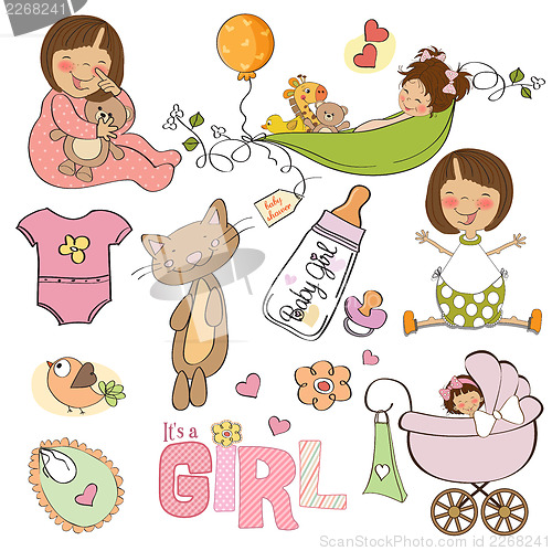 Image of new baby girl, elements set isolated on white background