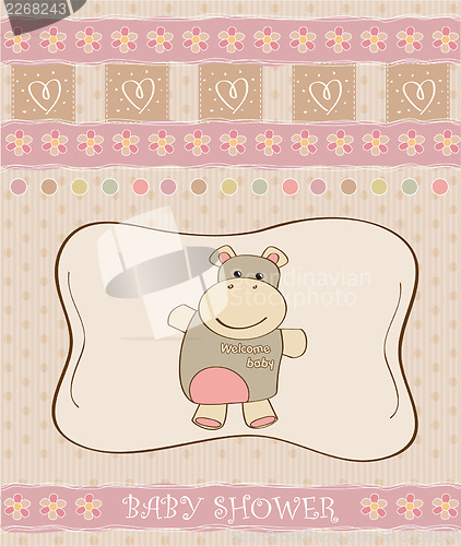 Image of childish baby girl announcement card with hippo toy