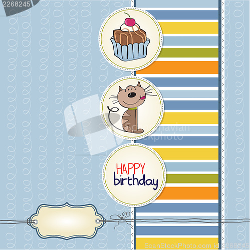 Image of birthday greeting card with a cat waiting to eat a cake