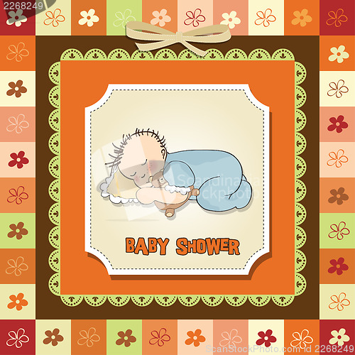 Image of baby shower card with little baby boy sleep with his teddy bear 