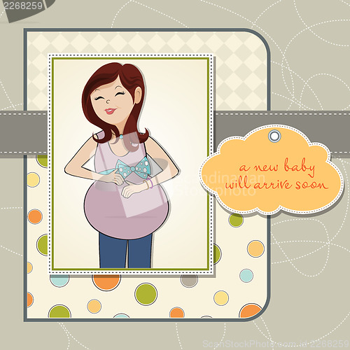 Image of happy pregnant woman, baby shower card