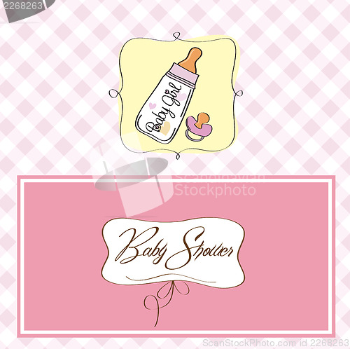 Image of new baby girl announcement card with milk bottle and pacifier