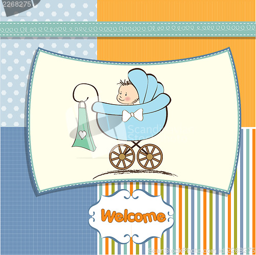 Image of baby boy announcement card with baby and pram