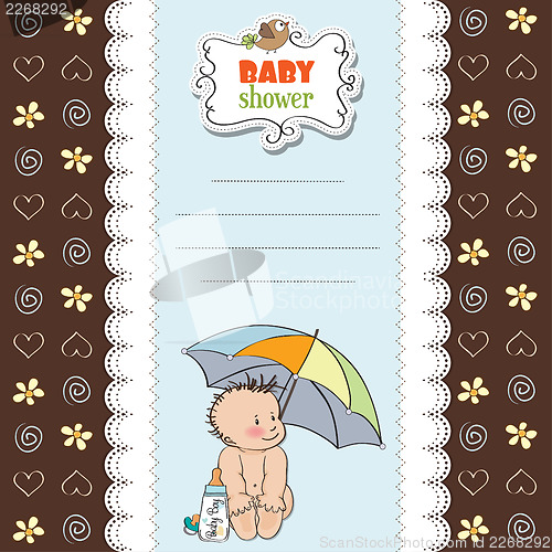 Image of baby boy shower card with funny baby under his umbrella