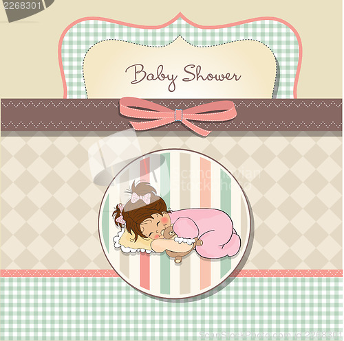 Image of baby shower card with little baby girl play with her teddy bear 