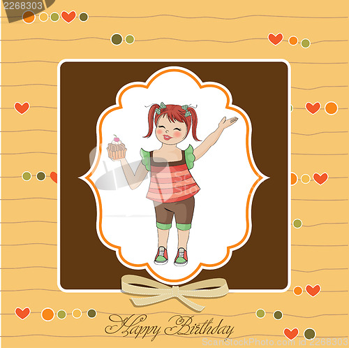 Image of birthday greeting card with girl and big cupcake