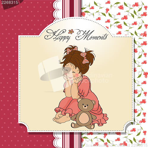 Image of little baby girl play with her teddy bear toy