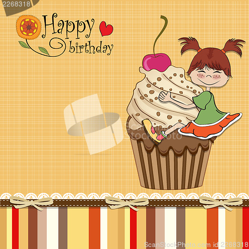 Image of birthday card with funny girl perched on cupcake