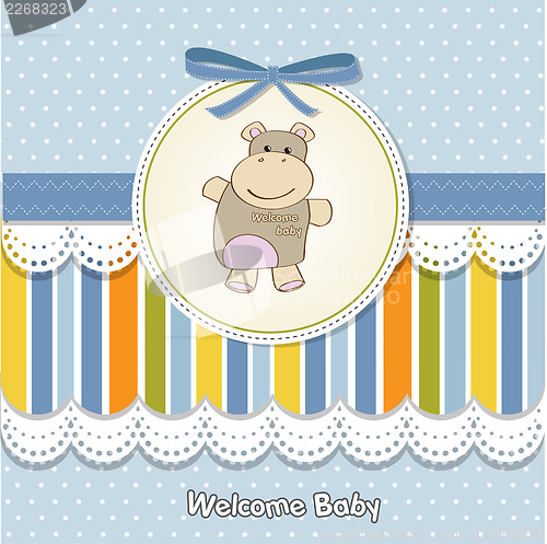 Image of childish baby girl announcement card with hippo toy