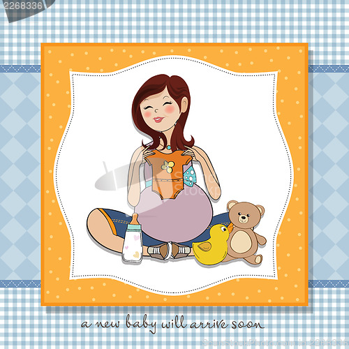 Image of happy pregnant woman, baby shower card