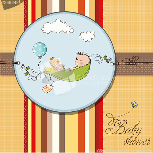 Image of little boy sleeping in a pea been, baby announcement card