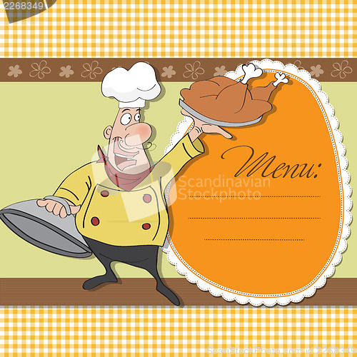 Image of funny cartoon chef with tray of food in hand
