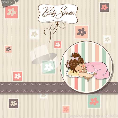 Image of baby shower card with little baby girl play with her teddy bear 