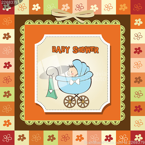 Image of baby boy announcement card with baby and pram