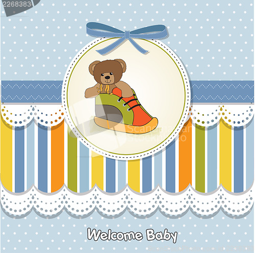 Image of shower card with teddy bear hidden in a shoe