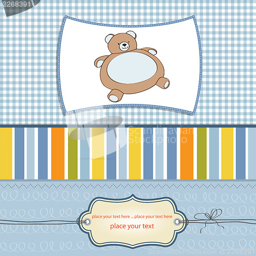 Image of baby shower card with teddy bear toy