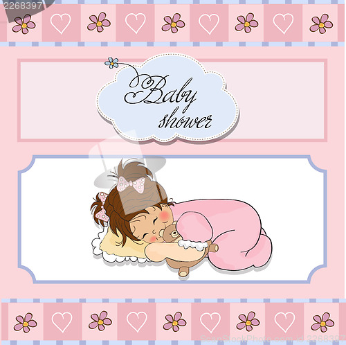 Image of baby shower card with little baby girl play with her teddy bear 