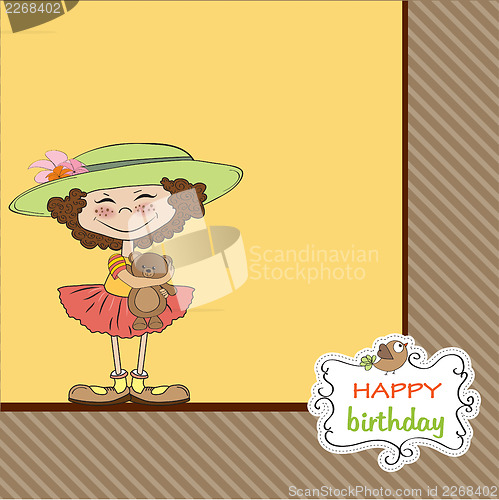 Image of cute birthday greeting card with girl and her teddy bear