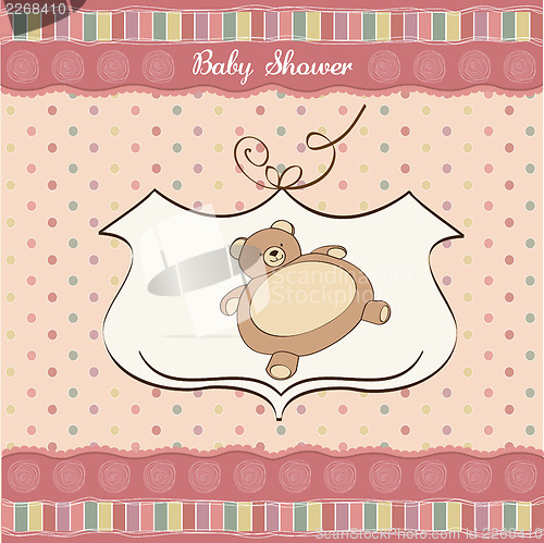 Image of baby shower card with teddy bear toy