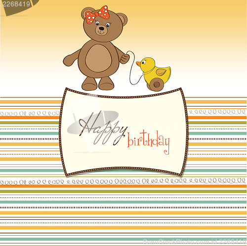 Image of welcome baby card with girl teddy bear and her duck