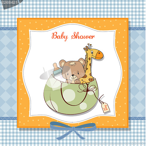 Image of new baby announcement card with bag and same toys