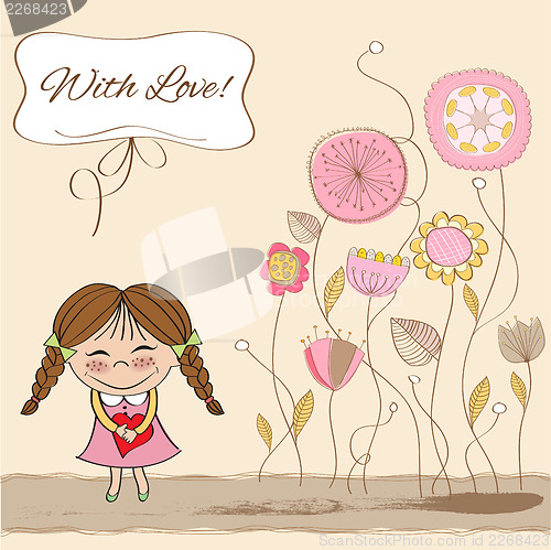 Image of Funny girl with hearts. Doodle cartoon character.