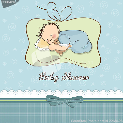 Image of baby shower card with little baby boy sleep with his teddy bear 