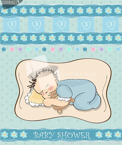 Image of baby shower card with little baby boy sleep with his teddy bear 