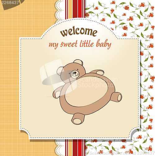 Image of baby shower card with teddy bear toy