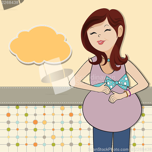 Image of happy pregnant woman, baby shower card