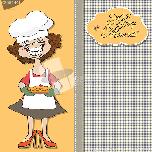Image of birthday greeting card with funny woman and pie