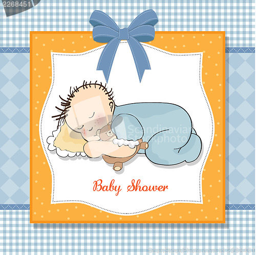 Image of baby shower card with little baby boy sleep with his teddy bear 