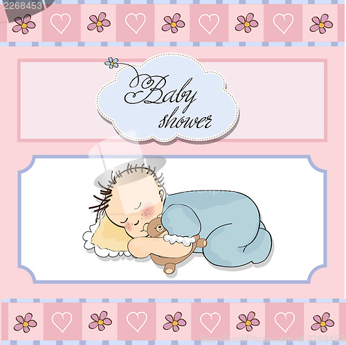 Image of baby shower card with little baby boy sleep with his teddy bear 