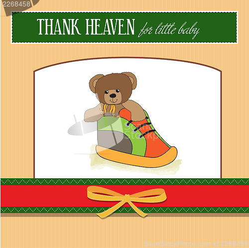 Image of shower card with teddy bear hidden in a shoe