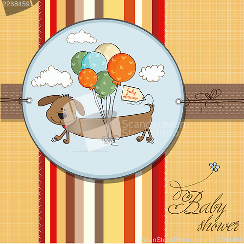 Image of baby shower card with long dog and balloons