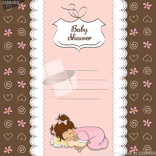 Image of baby shower card with little baby girl play with her teddy bear 