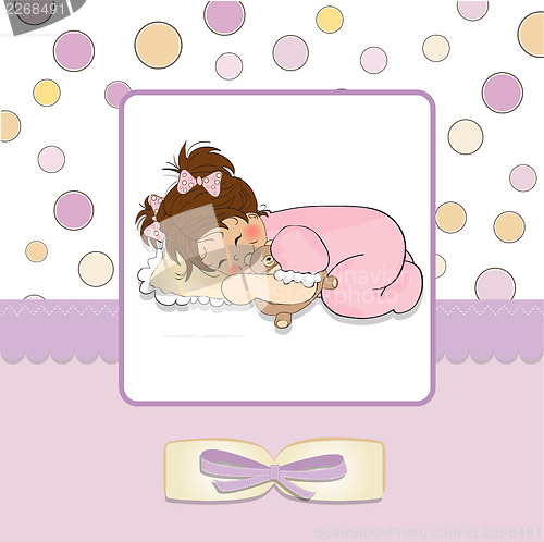 Image of baby shower card with little baby girl play with her teddy bear 