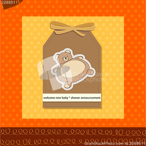 Image of baby shower card with teddy bear toy